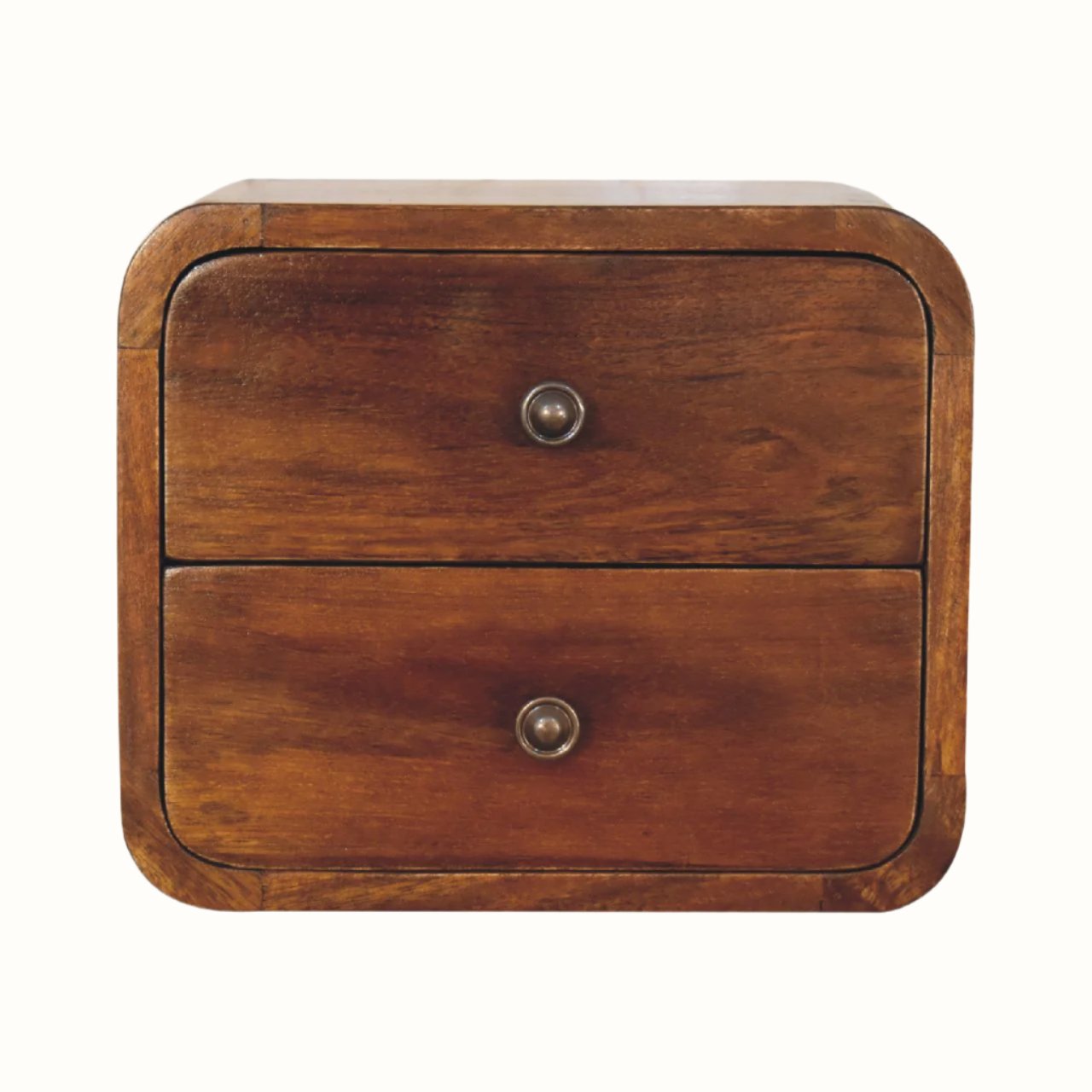A small chestnut-colored floating bedside table with two drawers and brass knobs, wall-mounted design.