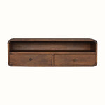 A wall-mounted console table with a chestnut finish, featuring two drawers with brass knobs and an open slot shelf.