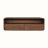 A wall-mounted console table with a chestnut finish, featuring two drawers with brass knobs and an open slot shelf.