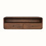A wall-mounted console table with a chestnut finish, featuring two drawers with brass knobs and an open slot shelf.