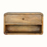 Curved wall mounted bedside table, made from mango wood in light brown natural finish.