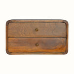 A wall-mounted chestnut bedside table with two drawers and brass hardware.