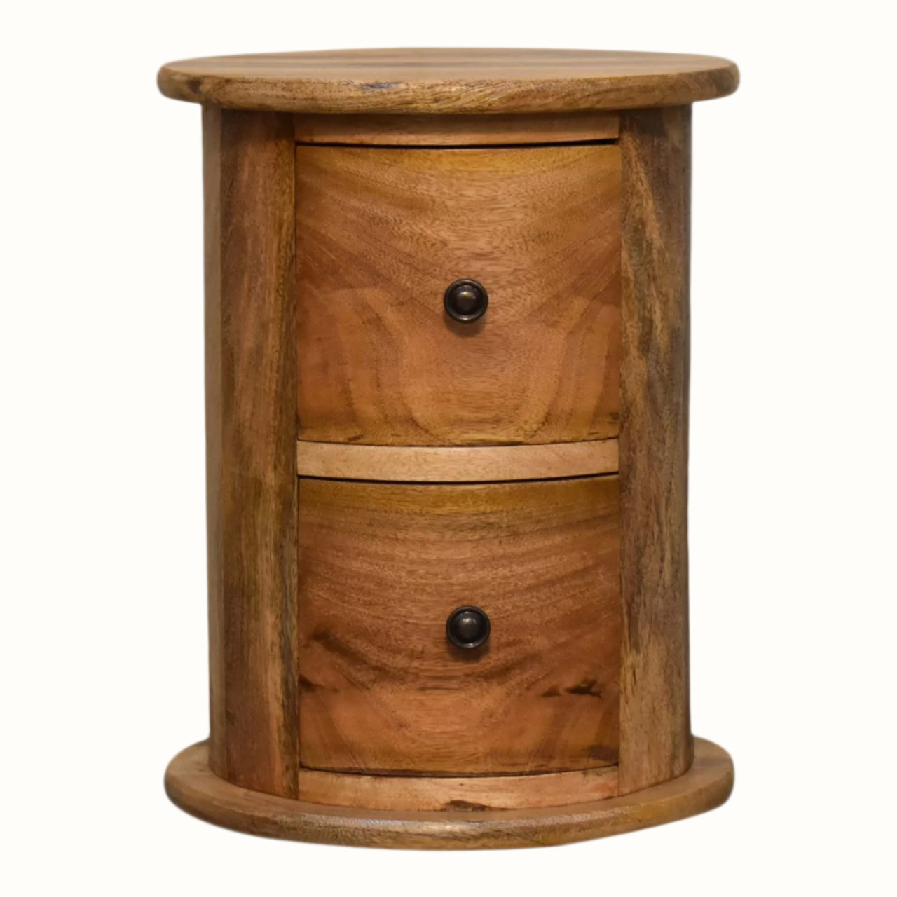 Circular solid wood drum chest with 2 drawers in a light brown stain.