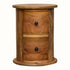Circular solid wood drum chest with 2 drawers in a light brown stain.
