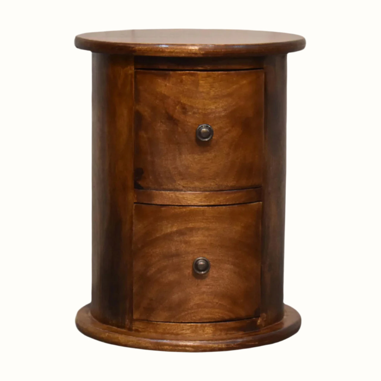 Round solid wood drum chest with 3 drawers in a dark brown stain.
