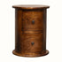 Round solid wood drum chest with 3 drawers in a dark brown stain.