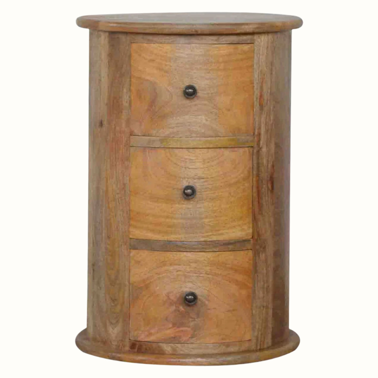 Circular drum chest side table, with 3 small drawers, brass hardware, and mango wood body, in a light brown, natural stain.