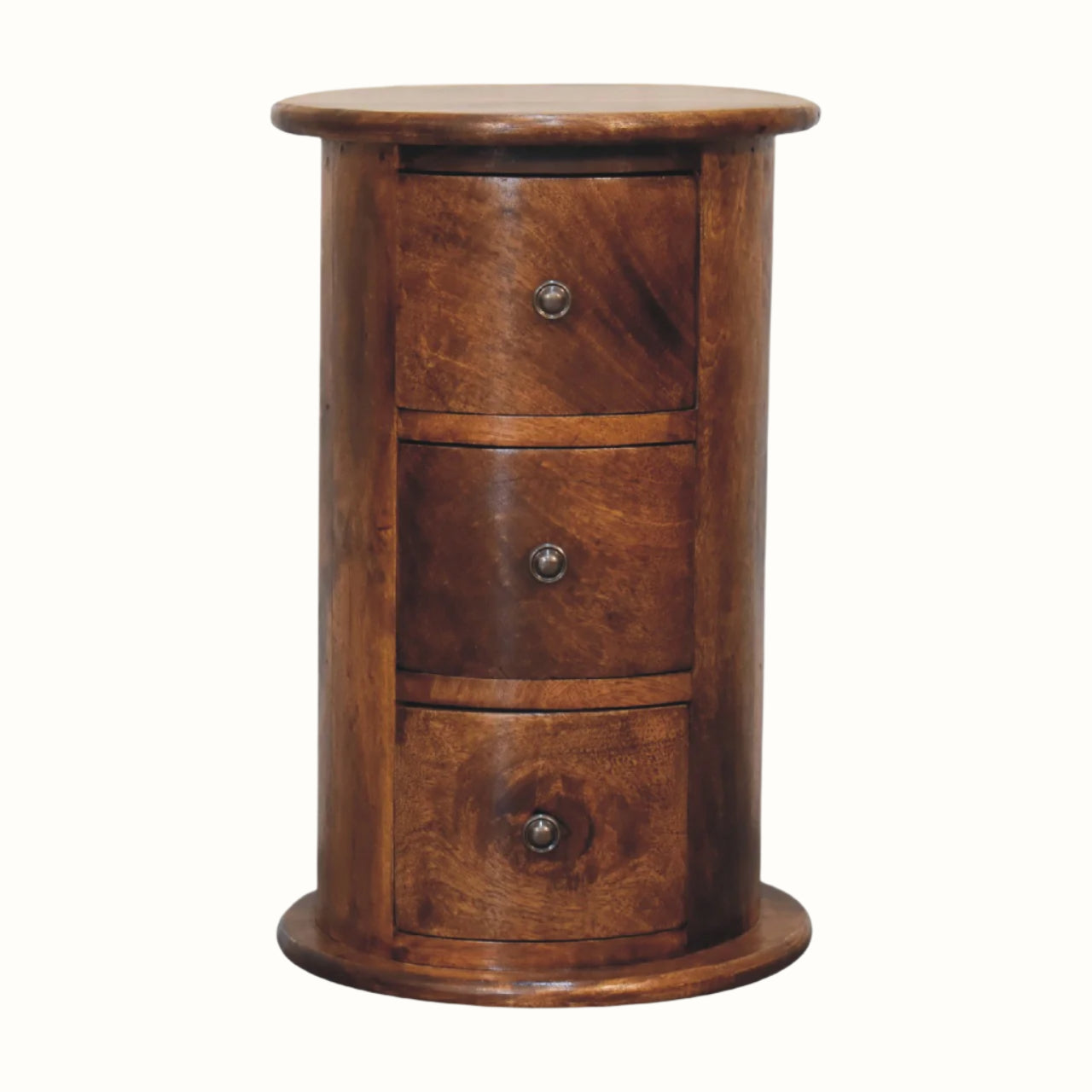Solid wood drum chest with 3 drawers in a dark brown stain.