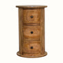 Solid wood drum chest with 3 drawers in a light brown stain.