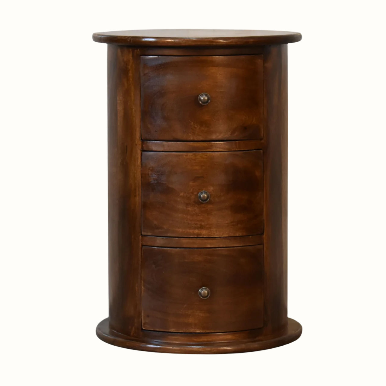 Circular drum table, with three small storage drawers, made from mango wood in a dark brown chestnut finish. 