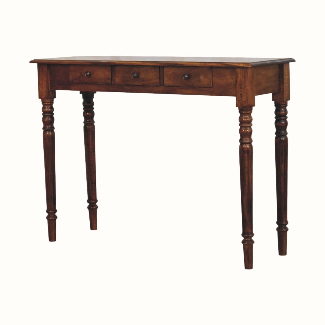 Wooden console table with three drawers on a white background