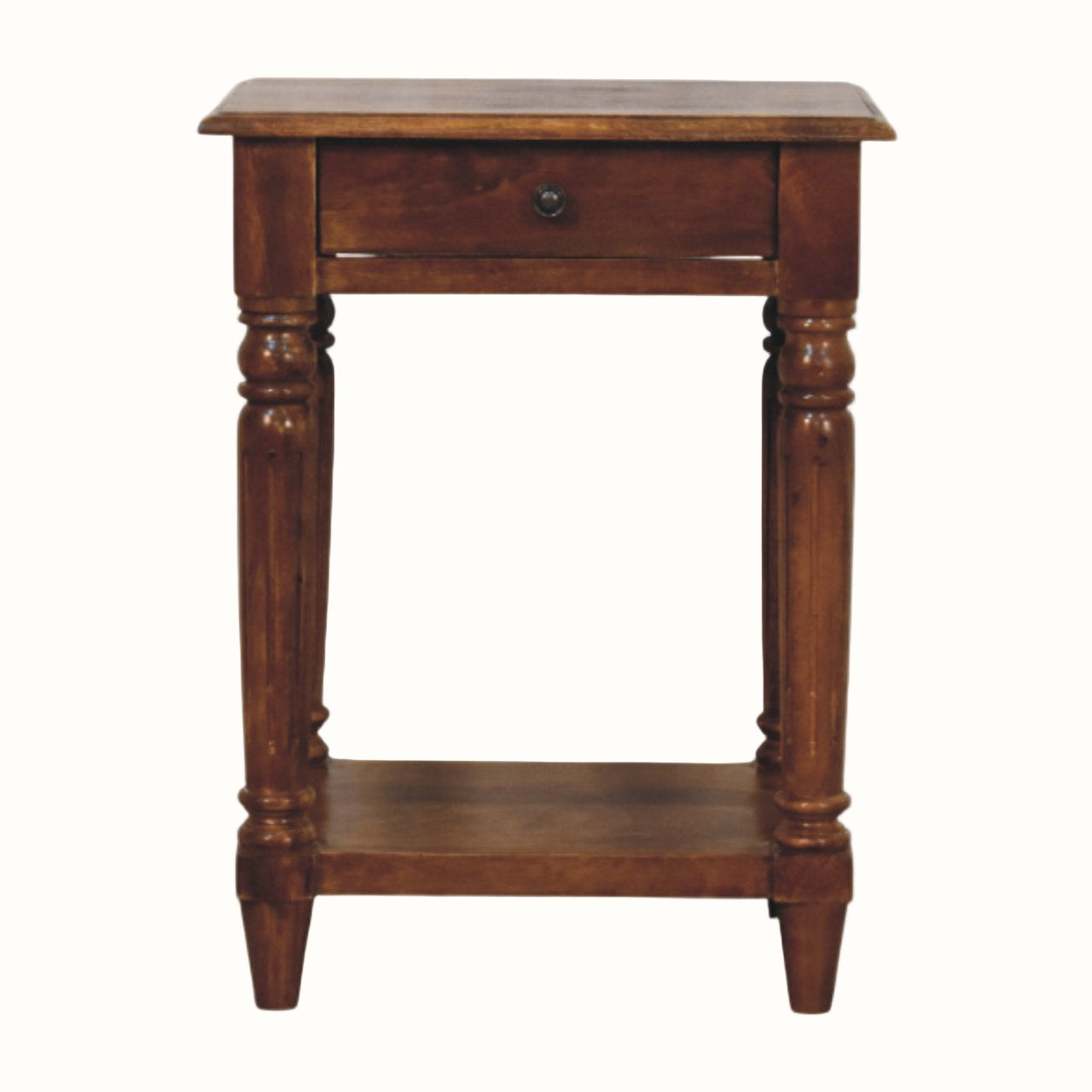Wooden side table with a drawer on a white background