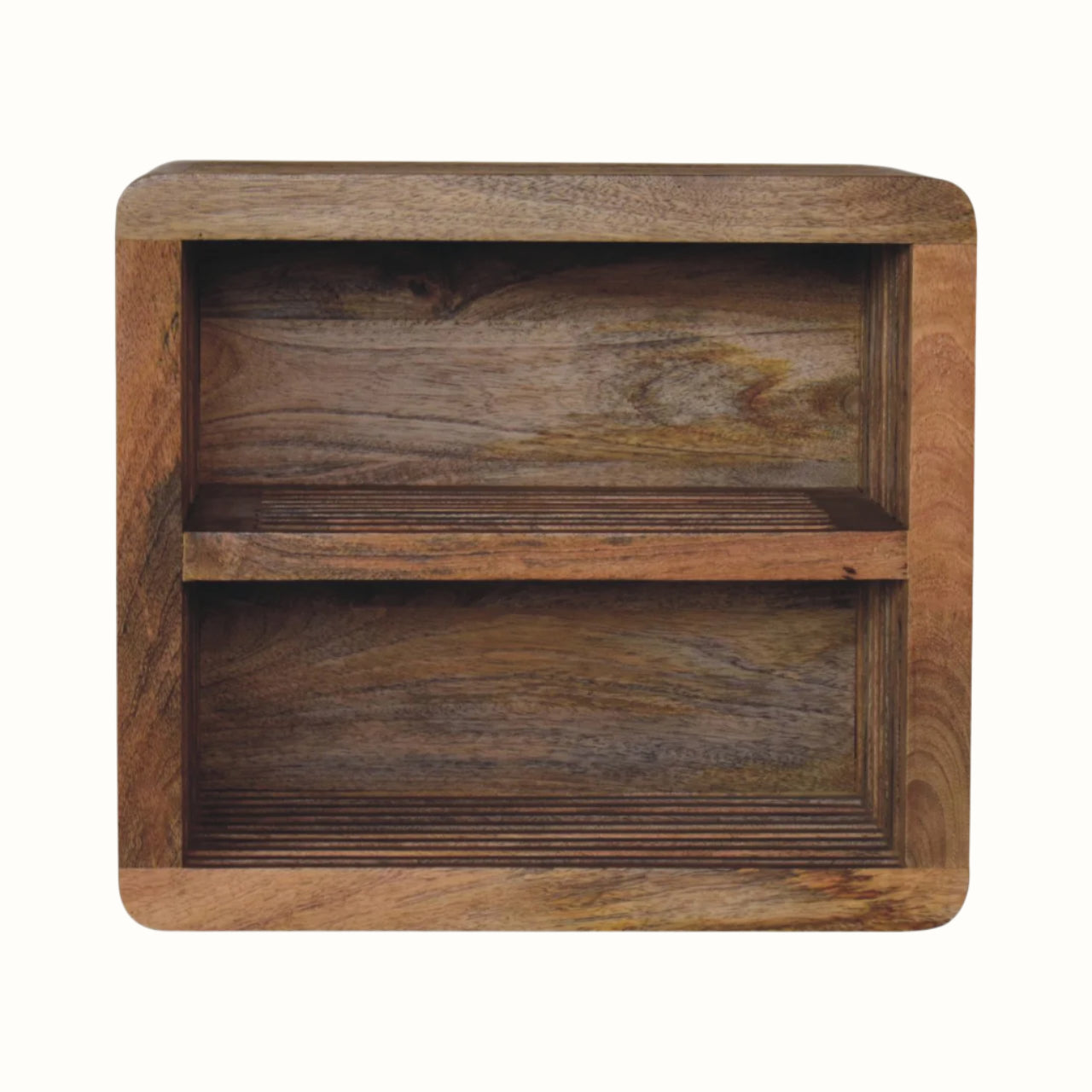 An open bedside with 2 shelves, wall-mounted design, made from mango wood, in a natural brown finish.