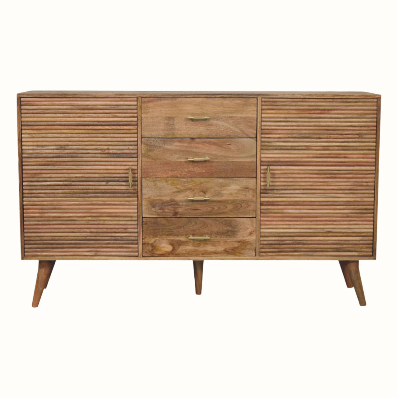 Large Scandi style solid wood sideboard with storage, in a light brown stain.