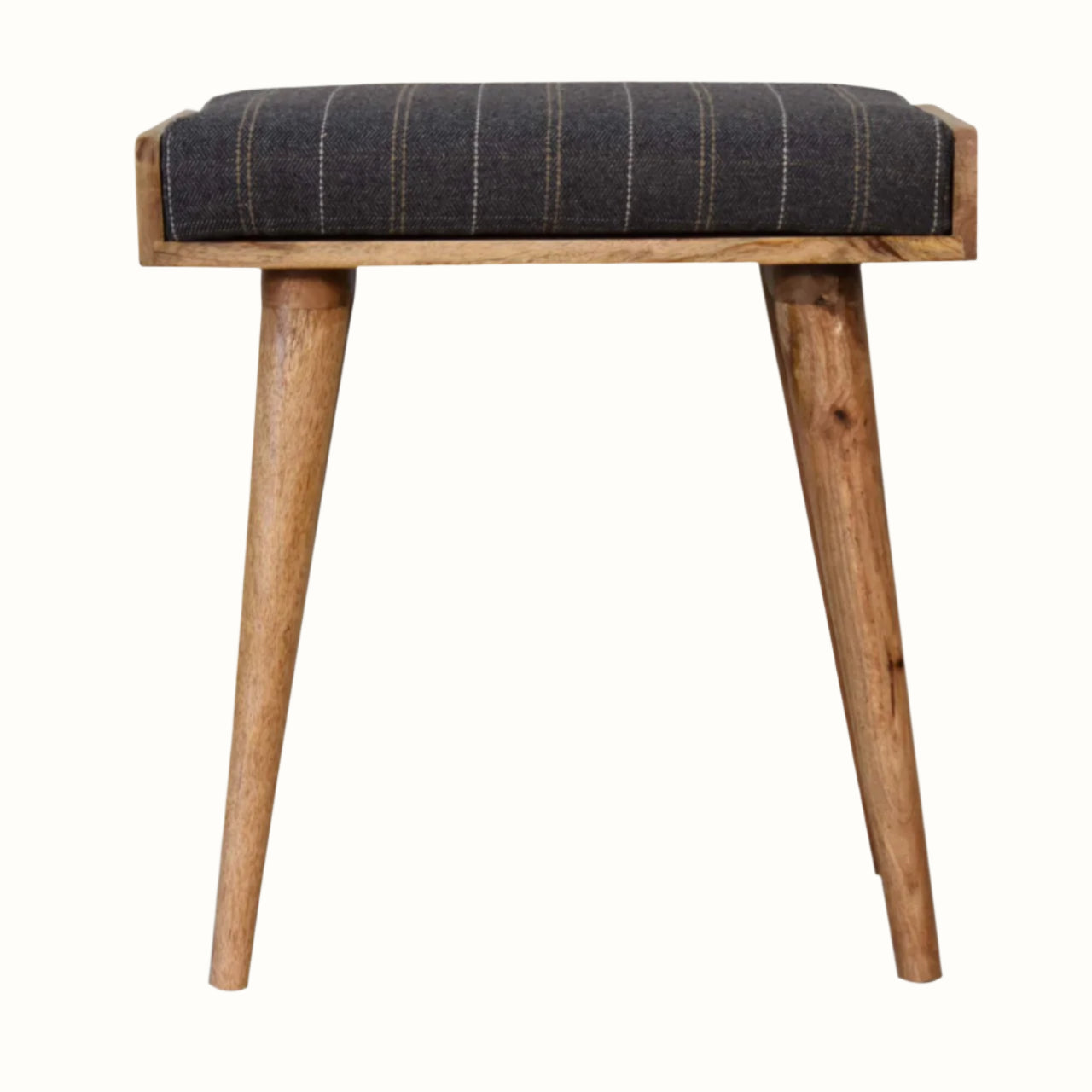 Square stool upholstered in grey tweed, with light brown wooden legs.