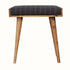 Square stool upholstered in grey tweed, with light brown wooden legs.