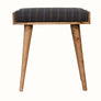 Square stool upholstered in grey tweed, with light brown wooden legs.
