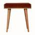 Small square tray-style bench in a brick red velvet, and a natural wooden body.