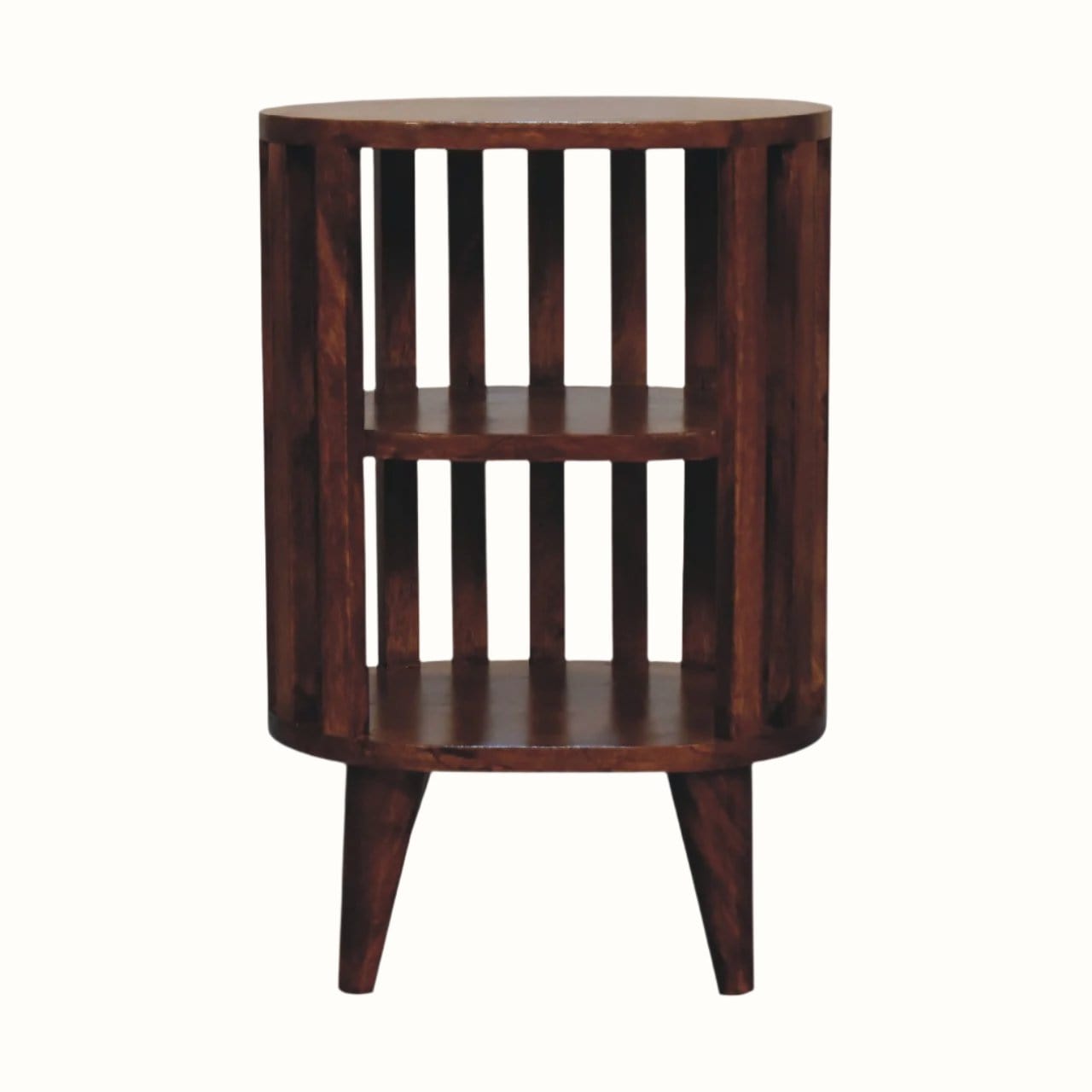 A chestnut brown Kimber 2 shelf bedside table made of mango wood with a slat structure and two open shelves.