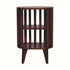 A chestnut brown Kimber 2 shelf bedside table made of mango wood with a slat structure and two open shelves.