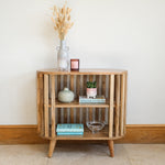 Open shelving cabinet made from mango wood, contempory style.