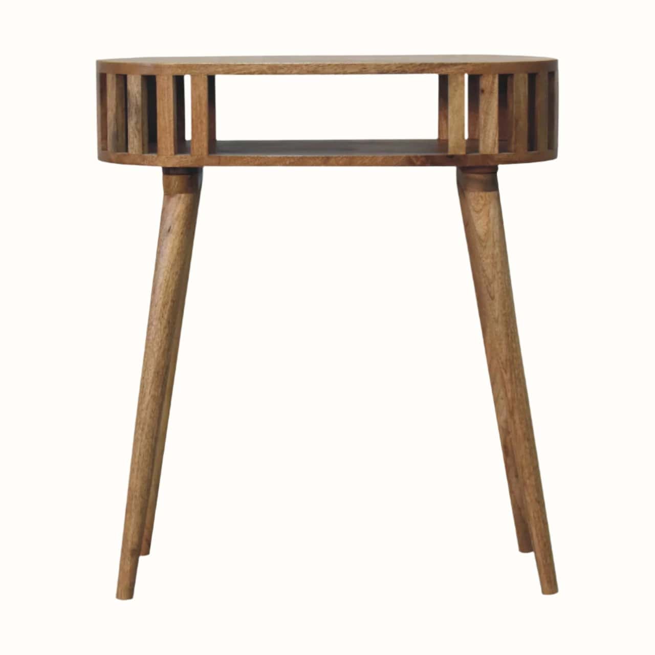 A natural finish mango wood console table with a slatted design and open slot shelf.