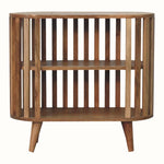A wooden slatted cabinet featuring open shelving.
