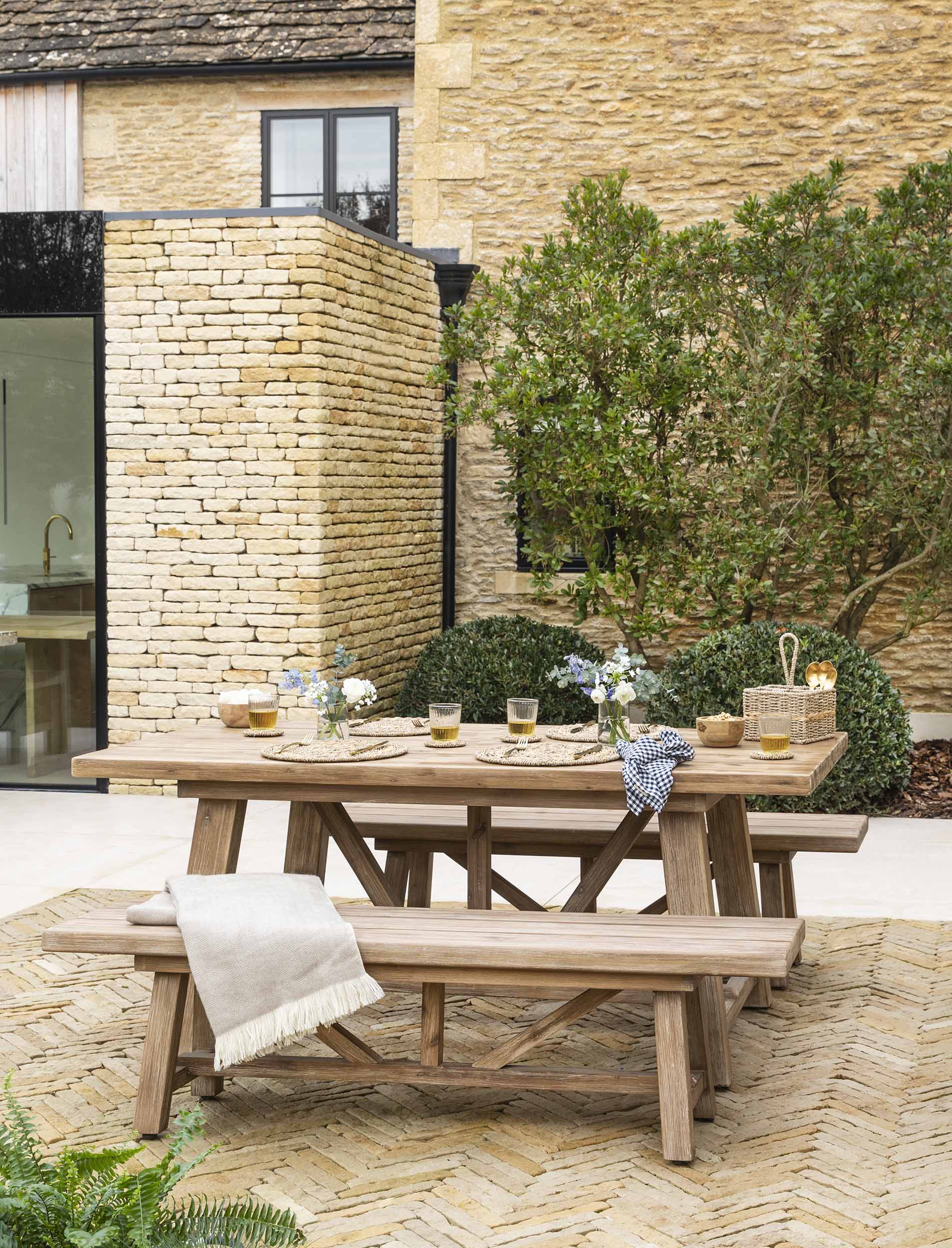 Chilford Solid Table & Bench Set - Acacia Wood, Natural, Small Dining Tables Garden Trading