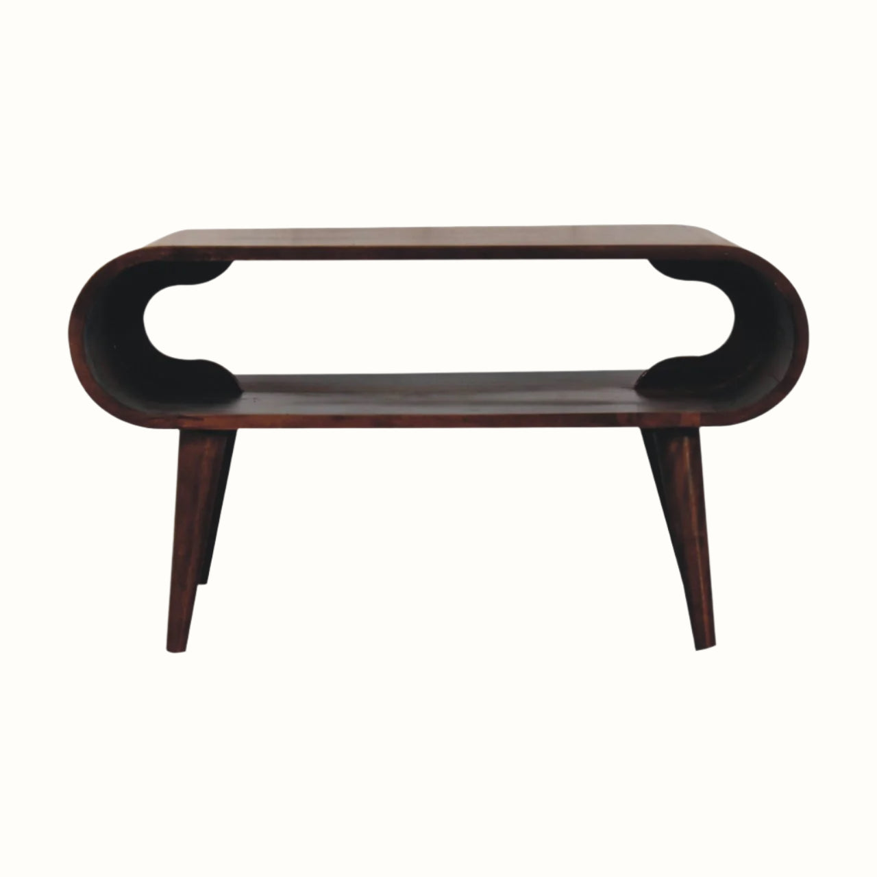 Open solid wood coffee table in a dark brown finish.