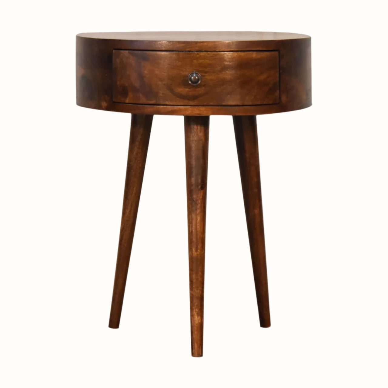A semi circular shape bedside table made from mango wood in a dark brown finish, featuring a small drawer and single brass knob.
