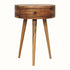 A semi-circular bedside table with a natural wood finish, featuring a single drawer and three legs.