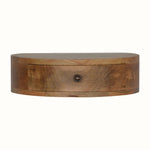 Handcrafted semi-circular wall-mounted bedside table with one drawer, made from solid natural mango wood in a natural finish.