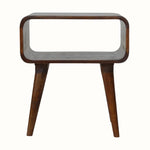 Open bedside table, in dark brown wooden finish, with tapered legs
