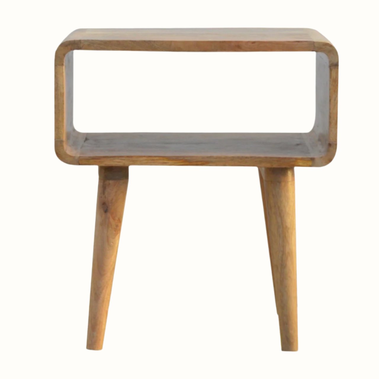 Curved open bedside, made from wood, in light brown finish, with tapered-style legs.