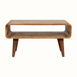 Open TV stand made from solid wood in a light brown finish.
