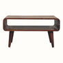 Open TV stand, made from solid wood in a dark brown finish.