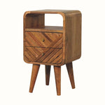 Wooden nightstand with geometric pattern on a white background