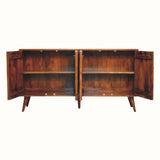 Wooden sideboard with open doors on a white background
