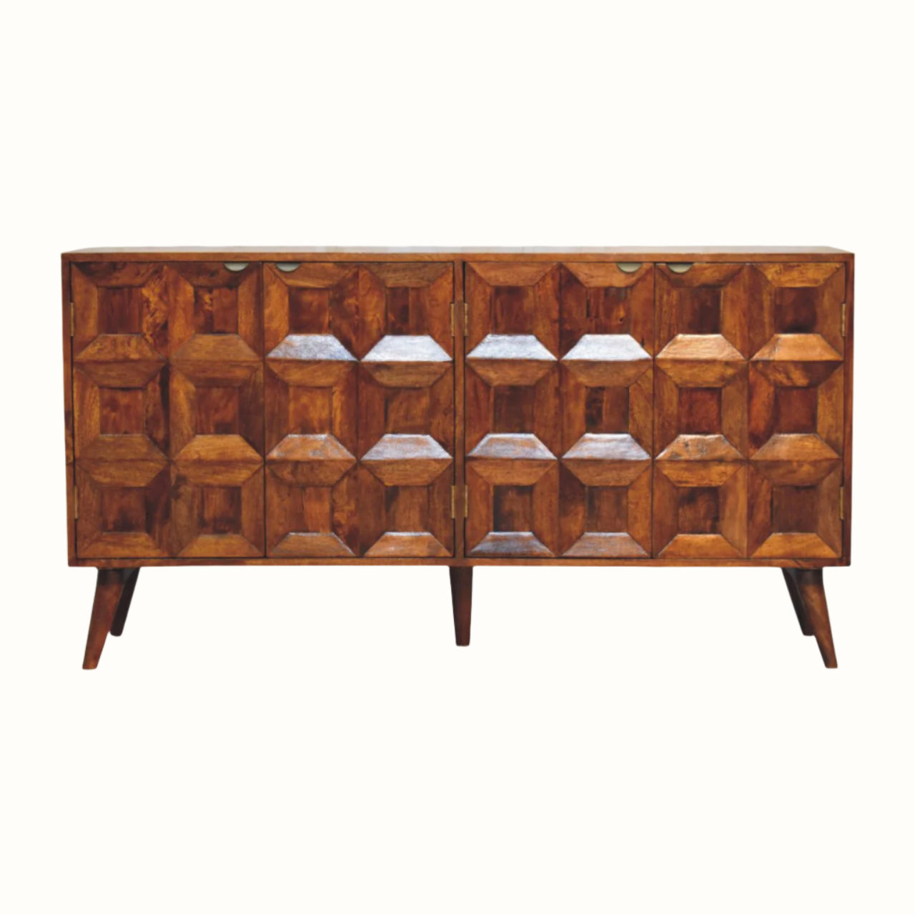 Wooden sideboard with geometric pattern on a white background