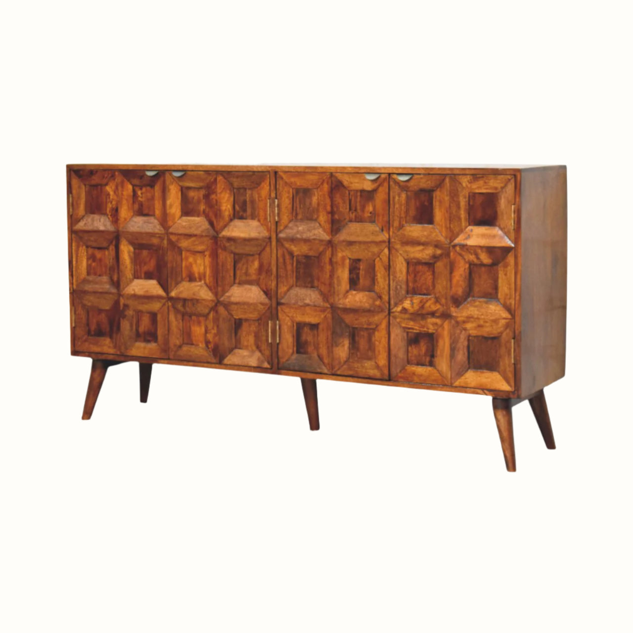 Wooden sideboard with geometric design on a white background