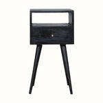 Small square bedside table made from mango wood in ash black finish.