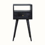 Small square bedside table made from mango wood in ash black finish.