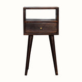 Small squsre bedside table made from solid wood in dark brown finish.