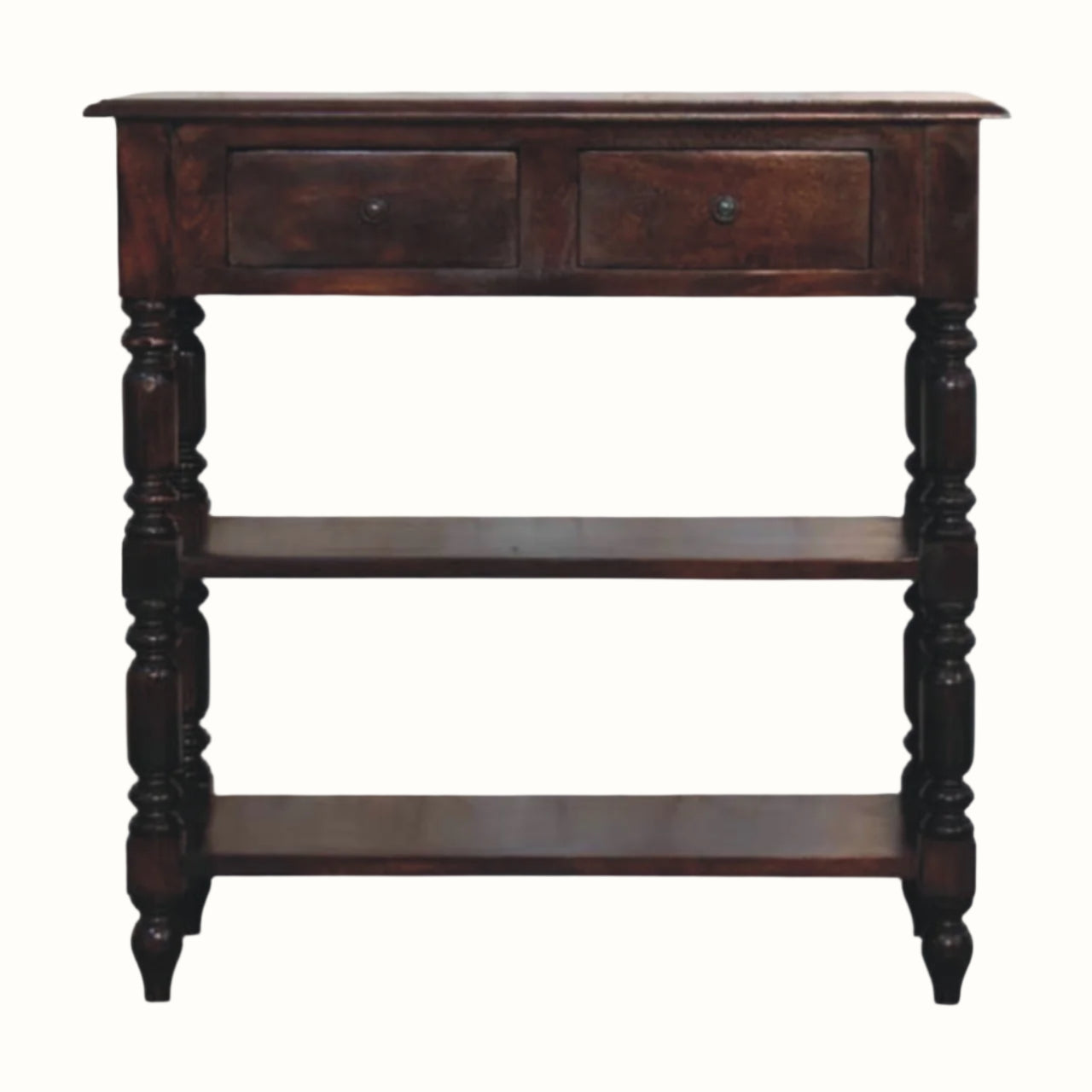 Traditional console table made from solid wood in a dark brown stain.