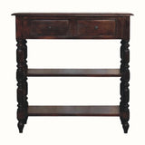Traditional console table made from solid wood in a dark brown stain.