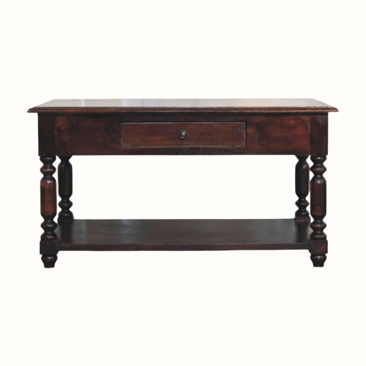 Antique style console table with a chunky solid wood body in a dark brown stain.