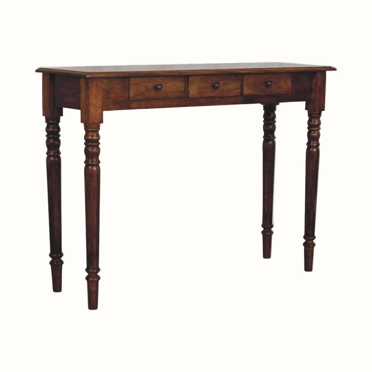 Wooden desk with three drawers on a white background