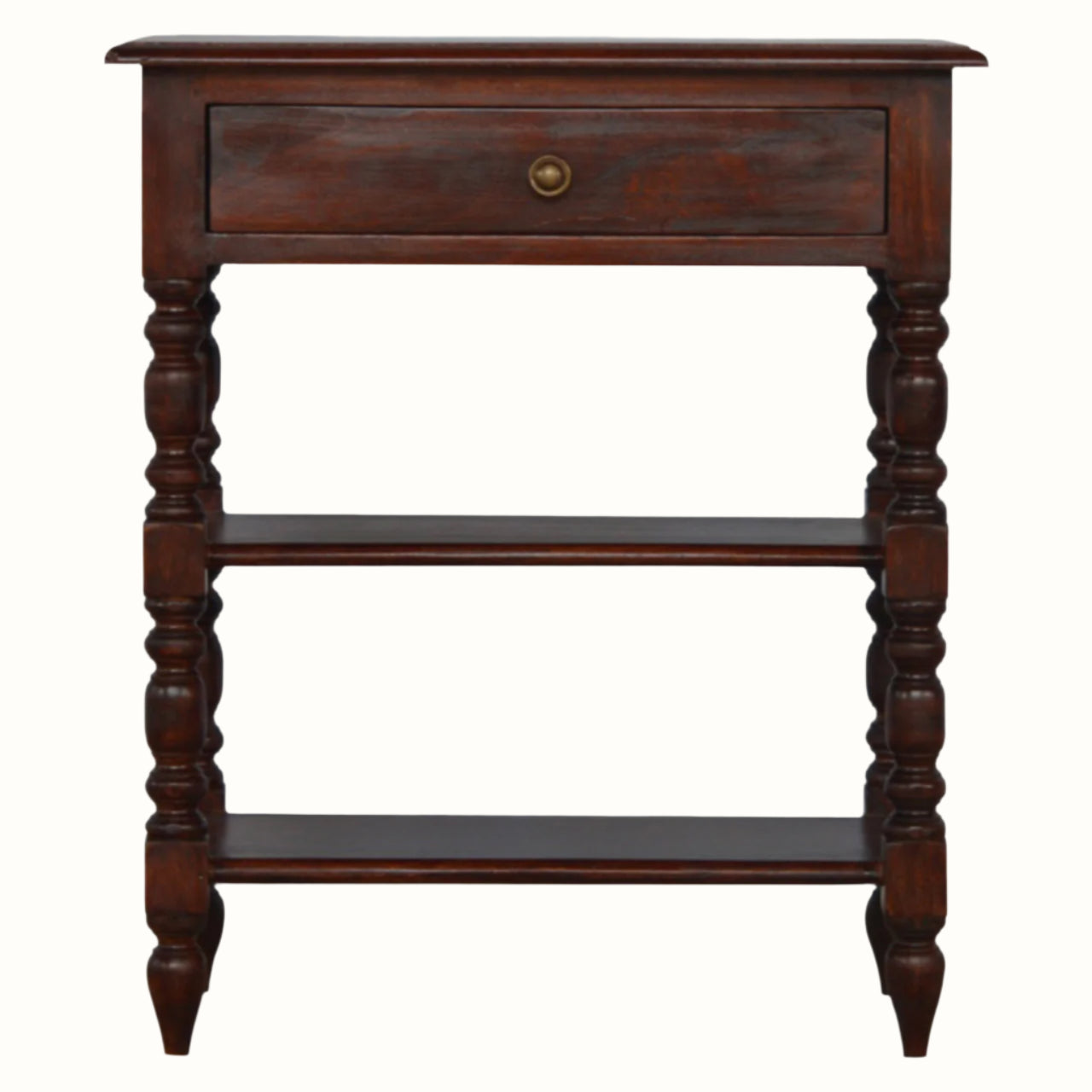 Compact wooden console in a dark brown finish, antique style.