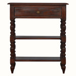 Compact wooden console in a dark brown finish, antique style.