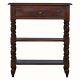Compact wooden console in a dark brown finish, antique style.
